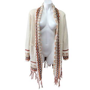 Boutique open front cardigan sweater Aztec print fringe pockets cream large